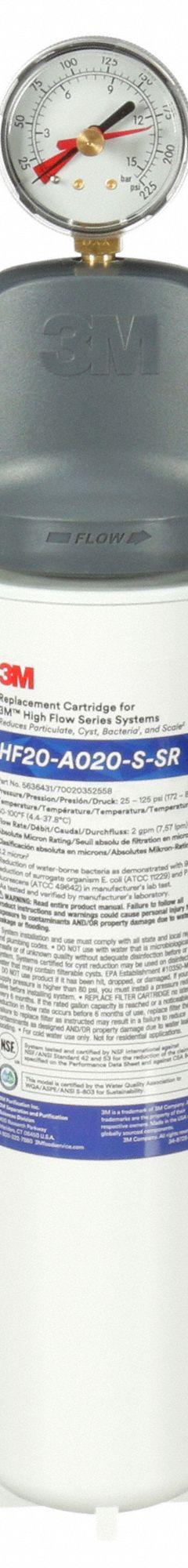3M AQUA-PURE Water Filtration System: 0.2 micron, 2 gpm, 17 1/2 in Overall Ht (MPN ICE120-A020-S-SR). Key specifications — Filter Media: Pleated Membrane; Brand: 3M AQUA-PURE; Reduces: Cyst.