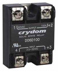 CRYDOM Solid State Relay: Surface Mounted, 80 A Max Output Current, MOSFET, DC Output (MPN D06D80). Key specifications — Brand: CRYDOM; Current Type: DC; Electrical Connection: Screw Clamp; Finger Safe: No; Input Current: 15 mA; Maximum Output Current without Heat Sink: Not Recommended; Mounting Style: Panel; Output Voltage: 1 to 48V DC.