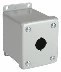 HOFFMAN Push Button Enclosure: 22mm, 1 Holes, Carbon Steel, NEMA 12 (MPN E1PBGXM). Key specifications — Brand: HOFFMAN; Environments & Applications: Indoor Dust & Water Droplets.