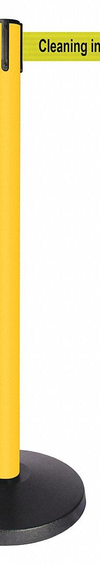 QUEUEWAY Barrier Post with Belt: Yellow, No Pattern, Cleaning in Progress, 10 ft Belt Lg, Yellow (MPN QPLUS-35-YC). Key specifications — attr981468: ABS; attr981465: Yellow; attr981461: QUEUEWAY; attr981440: Metal Alloy; attr981443: Yellow; attr981449: Cleaning in Progress; attr981448: Black.