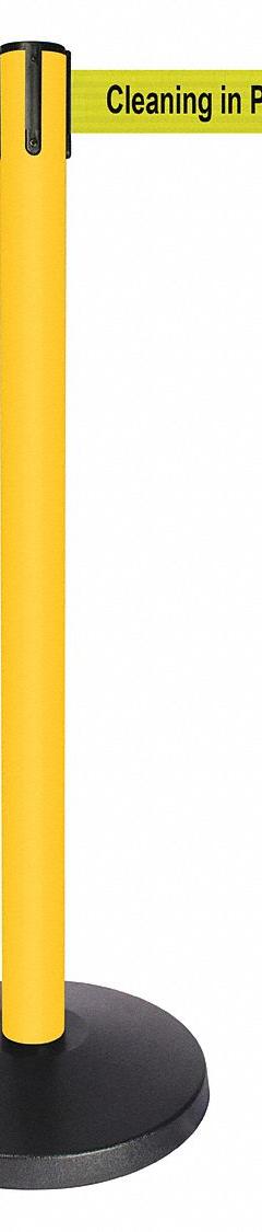 QUEUEWAY Barrier Post with Belt: Yellow, No Pattern, Cleaning in Progress, 10 ft Belt Lg, Yellow (MPN QPLUS-35-YC). Key specifications — attr981468: ABS; attr981465: Yellow; attr981461: QUEUEWAY; attr981440: Metal Alloy; attr981443: Yellow; attr981449: Cleaning in Progress; attr981448: Black.