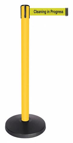 QUEUEWAY Barrier Post with Belt: Yellow, No Pattern, Cleaning in Progress, 10 ft Belt Lg, Yellow (MPN QPLUS-35-YC). Key specifications — attr981468: ABS; attr981465: Yellow; attr981461: QUEUEWAY; attr981440: Metal Alloy; attr981443: Yellow; attr981449: Cleaning in Progress; attr981448: Black.