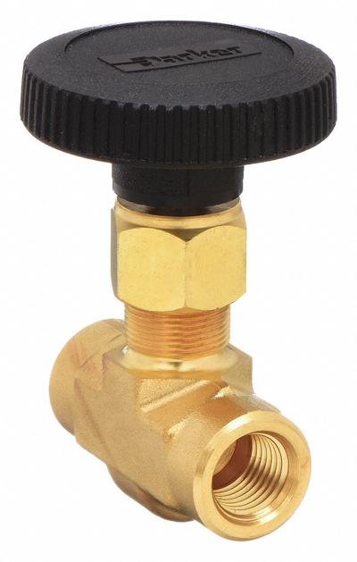 Parker Needle Valve: Inline Valve Body, Brass, Integral Bonnet, 1/4 in Pipe Size - Brass Straight-Body Needle Valves