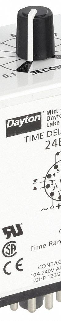 DAYTON Single Function Time Delay Relay: Socket Mounted, 24V AC/DC, 10 A, 11 Pins/Terminals (MPN 24EN85). Key specifications — Brand: DAYTON.