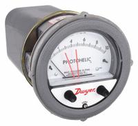 DWYER Differential Pressure Gauge & Switch: Single-Side, 1/8 in NPT Female, ±2% Gauge Accuracy (MPN A3210). Key specifications — Sensor Type: Diaphragm; Series: A3000 Photohelic; Housing Material: Die Cast Aluminum; Certificate of Calibration: Not Included; Gauge Accuracy: ±2%.