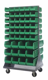 QUANTUM STORAGE SYSTEMS Mobile Louvered Floor Rack: 36 in x 24 in x 72 in, 96 Bins Included, Green (MPN QMD-36H-230240GN). Key specifications — Bin Width: (24) 8-1/4 in; Color: Gray; Caster Wheel/Configuration: (2) Swivel; Caster Wheel/Tread Material: Hard Rubber; Bin Color: Green; Bin Depth: (72) 10-7/8 in; Bin Height: (72) 5 in; Brand: QUANTUM STORAGE SYSTEMS.