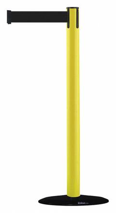 TENSABARRIER Barrier Post with Belt: Black, No Pattern, No Legend, 7 1/2 ft Belt Lg, Yellow (MPN 875-35-STD-NO-B9X-C). Key specifications — Base Material: Cast Iron; Belt Color: Black; Brand: TENSABARRIER; Post Material: Plastic; Post Color: Yellow; Message: No Legend.