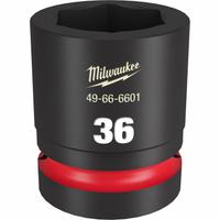 MILWAUKEE Standard Impact Socket: 1 in Drive Size, Metric, 36 mm Socket Size, 6-Point, Std, Friction (MPN 49-66-6601). Key specifications — attr1215501: MILWAUKEE; attr1215515: Black Phosphate; attr1215518: 36 mm.