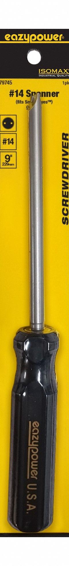 EAZYPOWER Screwdriver: Security Spanner Series, Steel, #14 Tip Size, 5 in Shank Lg, 9 in Overall Lg (MPN 79745). Key specifications — attr1205107: #14; attr1205112: EAZYPOWER.