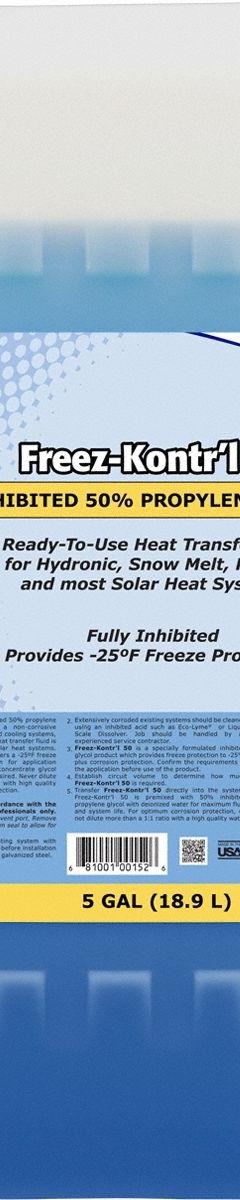 NU-CALGON Freeze Protectant: Freez-Kontr'l 50, 50% Concentration, Blue, 5 gal Pail, -25°F to 230°F (MPN 4188-17). Key specifications — Brand: NU-CALGON; Series: Freez-Kontr'l 50.