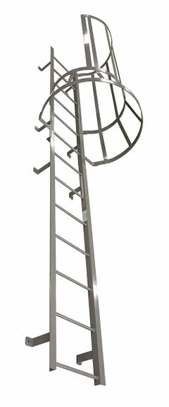 COTTERMAN Fixed Ladder with Safety Cage: 18 ft Overall Ht, 26 in Overall Wd, Steel, 19 Rungs (MPN M19SC L10 C1). Key specifications — Brand: COTTERMAN; Assembly: Assembled; Number of Sections: 3.