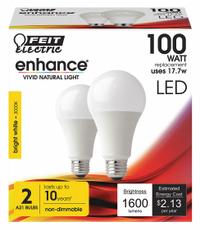 FEIT ELECTRIC Compact LED Bulb: Medium Screw (E26), LED, (A) Classic, A19, 16.5 W Watt, 3000K (MPN OM100/930CA10K/2). Key specifications — attr233510: A19; attr233525: 120V AC; attr233549: Frosted; attr518949: 3000K; attr239859: FEIT ELECTRIC.