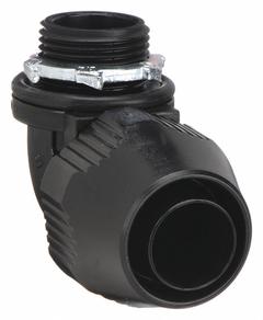 Liquid-Tight Conduit Fitting: Plastic, 1 1/4 in Trade Size, Insulated, 90° Elbow (MPN LT9125P). Key specifications — Insulated: Insulated; Box Connection: 1-1/4 in MNPT; Hazardous Location Rating: Class I, Division 2; Brand: THOMAS & BETTS.