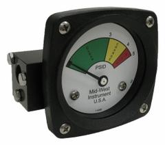 MIDWEST INSTRUMENT 3-Color Differential Pressure Indicator: 1,000 psig Max. Static Pressure, 522 (MPN 522A-005V). Key specifications — Brand: MIDWEST INSTRUMENT; Accuracy: ±5% of Full Scale; Sensor Material: Viton; Housing Material: Aluminum; Transition Points: 0 psid to 3 psid (Green) / 3 psid to 4 psid (Yellow) / 4 psid to 5 psid (Red).