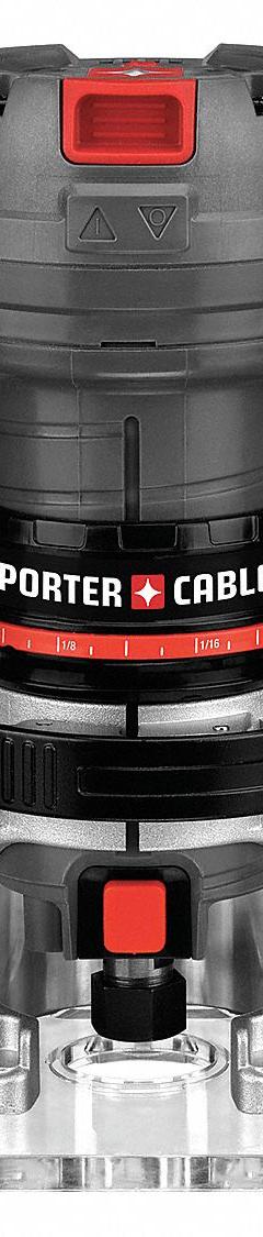 PORTER CABLE Laminate Trimmer: Compact, Fixed Base, 1.75 hp, Variable Speed, 31,000 RPM, Palm Grip (MPN PCE6435). Key specifications — attr326433: Instant Start; attr241172: Laminate Trimmer; attr217717: 120V AC; attr217680: PORTER CABLE.