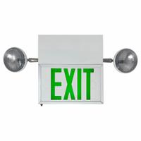 STEEL Combo Exit Sign - Extended Run Time: White, 2 Faces, Green, LED, Remote Capable, 120/277V AC (MPN L2ETXFL2GWW-U). Key specifications — Voltage: 120/277V AC; Self Diagnostics: No; Housing Color: White; Brand: BIG BEAM; Directional Indicators: Universal Field Selectable Chevrons; Lighting Technology: LED; Remote Capable: Yes; Text Color: Green.