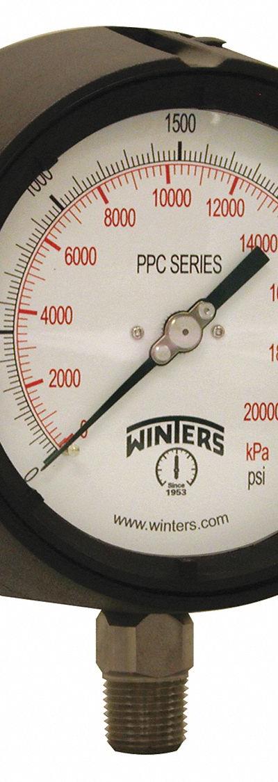 WINTERS Process Pressure Gauge: 0 psi to 3,000 psi - All-Stainless Steel Wetted Parts & Casing
