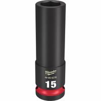 MILWAUKEE Deep Impact Socket: 1/2 in Drive Size, Metric, 15 mm Socket Size, 6-Point, Deep, Friction (MPN 49-66-6276). Key specifications — attr1215501: MILWAUKEE; attr1215515: Black Phosphate; attr1215518: 15 mm.
