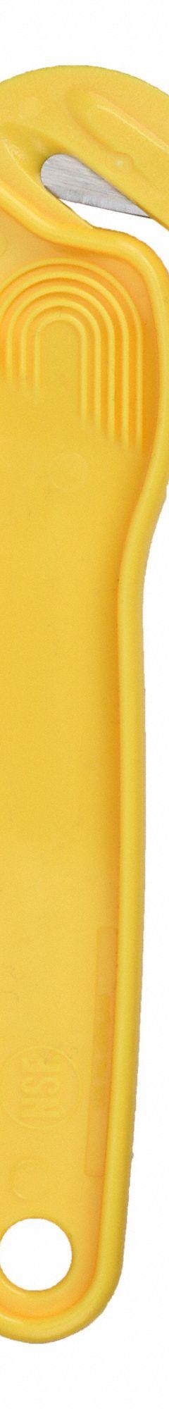 PACIFIC HANDY CUTTER, INC Safety Cutter: 6 1/2 in Overall Lg, Straight Handle, Plain, Yellow, Smooth (MPN DFC364NSFY). Key specifications — attr307620: Yellow; attr307617: Straight; attr307618: Plain; attr307619: Stainless Steel; attr307627: NSF Certified; attr307634: Smooth; attr324885: PACIFIC HANDY CUTTER, INC.
