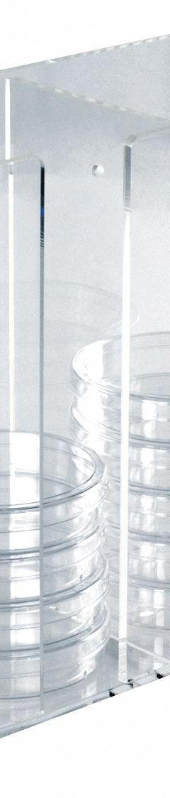Bin: 4 1/4 in Overall Wd, 9 1/4 in Overall Ht, 8 3/4 in Overall Lg, Acrylic, Clear, 2 Compartments (MPN HS23452). Key specifications — Material: Acrylic; Mounting Location: Benchtop; Color: Clear; Product Type: Storage Bin; Total Holding Capacity: 30 x 100 mm Dishes; Brand: HEATHROW SCIENTIFIC.