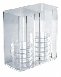 Bin: 4 1/4 in Overall Wd, 9 1/4 in Overall Ht, 8 3/4 in Overall Lg, Acrylic, Clear, 2 Compartments (MPN HS23452). Key specifications — Material: Acrylic; Mounting Location: Benchtop; Color: Clear; Product Type: Storage Bin; Total Holding Capacity: 30 x 100 mm Dishes; Brand: HEATHROW SCIENTIFIC.