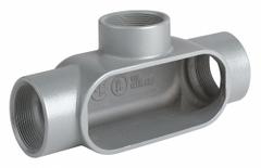 Conduit Outlet Body: Iron, 2 1/2 in Trade Size, T Body, 134 cu in Body Capacity, Threaded Hub (MPN T77). Key specifications — Finish: Powder Coated; Includes: Set Screw Hubs; For Use With: IMC; Brand: HUBBELL KILLARK; Hub Style: Threaded; Mfr. Series: Duraloy 7.
