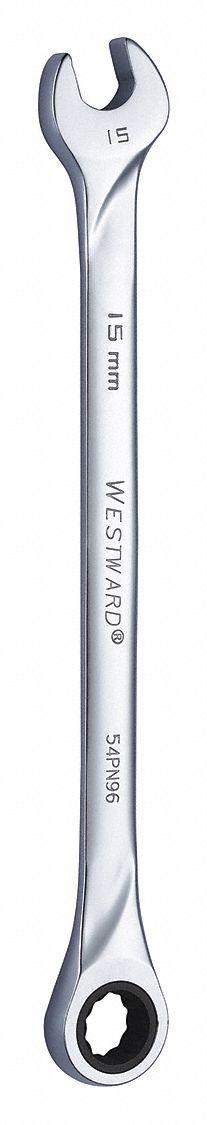 WESTWARD Combination Wrench: Alloy Steel, Chrome, 15 mm Head Size, 9 3/4 in Overall Lg, Std, Rounded (MPN 54PN96). Key specifications — attr309600: 15 mm; attr309611: Chrome; attr309610: Alloy Steel; attr309604: No; attr309612: No; attr309613: No; attr309615: No; attr324932: WESTWARD.