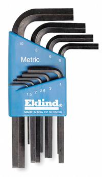 EKLIND Hex Key Set: 6 - 10 Pieces, Hex-L Short, L, Metric, Std End, Short, 9 Pieces, Holder, 2 Tips (MPN 10509). Key specifications — attr1205553: Not Tether Capable; attr1205554: EKLIND; attr1205568: Black Oxide; attr1293176: 6 - 10 Pieces.