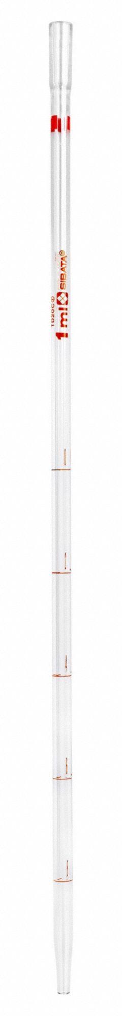 SIBATA Serological Pipette: 1 mL Capacity, 0.2 mL Graduation Increments, Non-Sterile, Glass (MPN 20200-11A). Key specifications — Sterility: Non-Sterile; Brand: SIBATA; Individually Wrapped: Not Individually Wrapped; Pipette Type: Wide Tip; Material: Glass; Product Type: Serological Pipette.