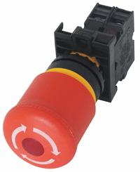 EATON Emergency Stop Push Button: Illuminated, Mushroom Head Profile, Non-Metallic, 22 mm, 1NC (MPN M22-PVLT-K01-R). Key specifications — Brand: EATON; Action: Maintained; Series: M22; Push Button Material Type: Non-Metallic.
