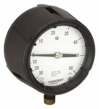 ASHCROFT Process Compound Gauge: 0 psi to 60 psi, White, 4 1/2 in Dial, 1/2 in NPT Male, Bottom (MPN 451279AS04LV/60#). Key specifications — Brand: ASHCROFT; Pointer Color: Black; Accuracy: ±0.5%; Dial Color: White; Gauge Wetted Parts: Brass / Bronze; Case Material: Phenolic; Vibration Resistance Properties: None; Pressure Range: 0 psi to 60 psi.