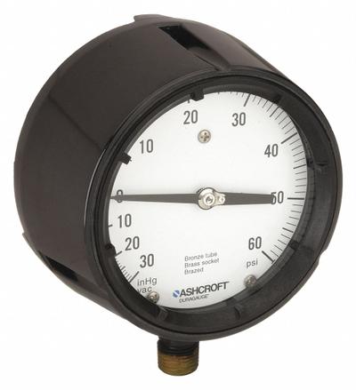 ASHCROFT Process Compound Gauge: 0 psi to 60 psi, White, 4 1/2 in Dial, 1/2 in NPT Male - Brass/Bronze Wetted Parts & Plastic Casing