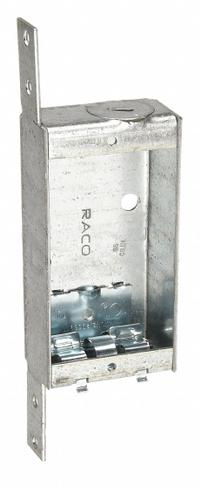 RACO Electrical Box: Steel, Steel Material & Nominal Size, 1 Gangs, 1 in Box Dp, 2 in Box Wd, D (MPN 404). Key specifications — Brand: RACO; Bracket Style: Stud Side; Clamp Style: NMSC.