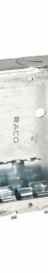 RACO Electrical Box: Steel, Steel Material & Nominal Size, 1 Gangs, 1 in Box Dp, 2 in Box Wd, D (MPN 404). Key specifications — Brand: RACO; Bracket Style: Stud Side; Clamp Style: NMSC.