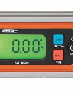 JOHNSON LEVEL Digital Level: 0°– 90°, Includes Batteries, Rare Earth, ±0.20°, 10 in Overall Lg, LCD (MPN 1435-1000D). Key specifications — attr934737: JOHNSON LEVEL; attr939806: ±0.20°; attr939808: CR2032; attr981185: Yes.