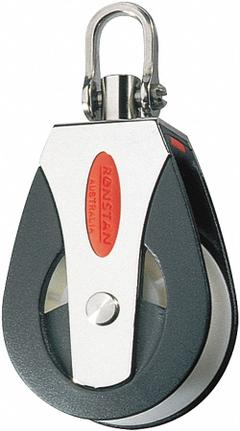 RONSTAN Pulley Block: Swivel, Pulling, 1,650 lb Working Load Limit, 1/2 in Compatible Rope Dia (MPN RF51100). Key specifications — Product Type: Pulley Block; Brand: RONSTAN; Compatible Rope Type: Fibrous Rope; Pulley Type: Swivel; Attachment Type: Shackle; Operation: Pulling; Bearing Type: Sleeve; Finish: Plain.