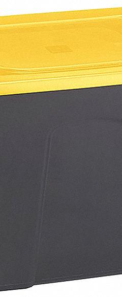 DURABILT Storage Tote: 10 gal, 19 in x 15 3/4 in x 13 1/4 in, Black Body, Yellow Lid, 10 to 20 gal (MPN 8510GRBKYL.10). Key specifications — Material: Plastic; Edge/Corner Design: Rounded; Body Color: Black; Lid Color: Yellow; Brand: DURABILT; NSF Certified: Not NSF Certified; Nestable: Nesting Capable.