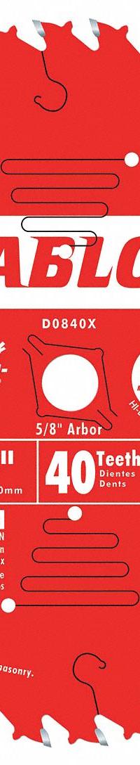 DIABLO Circular Saw Blade: 8 1/4 in Blade Dia., 40 Teeth, 0.09 in Cut Wd, 5/8 in Arbor Size, Carbide (MPN D0840X). Key specifications — attr1116119: DIABLO; attr1145631: Plywood.