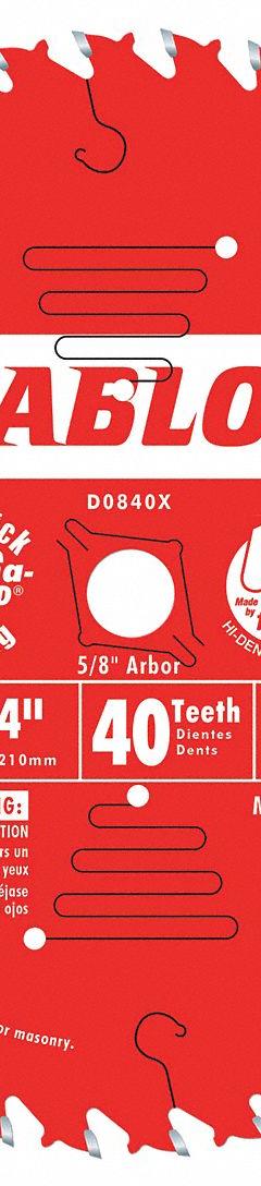 DIABLO Circular Saw Blade: 8 1/4 in Blade Dia., 40 Teeth, 0.09 in Cut Wd, 5/8 in Arbor Size, Carbide (MPN D0840X). Key specifications — attr1116119: DIABLO; attr1145631: Plywood.
