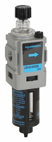 WILKERSON Compressed Air Lubricator: Micro Mist, 1/4 in NPT, 52 cfm, 150 psi Max Op Pressure, Knob (MPN L08-02-KK00B). Key specifications — attr111774: Aluminum; attr111402: L08; attr111761: WILKERSON.
