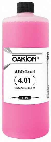 OAKTON Buffer - pH 4.01 - Pink: ACS, 1,000 mL Volume, Liquid, pH 4.01, Plastic, Bottle, Solution, 1 (MPN 0594222). Key specifications — Brand: OAKTON; CAS Number: 877-24-7; Chemical Family Type: Solution; Chemical Grade: ACS; Concentration: pH 4.01; Container Material: Plastic; Container Type: Bottle; Form: Liquid.