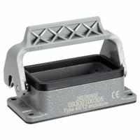 HARTING Rectangular Connector Housing: Size 10 B, Bulkhead Mount, Gray, Aluminum Die-Cast, IP65 (MPN 09300100305). Key specifications — IP Rating: IP65; Size Designation: 10 B; Seal Material: NBR; Locking Type: Single Lever; Brand: HARTING; Primary Material: Aluminum; Operating Temperature Range: -40 to 125 Degrees C.