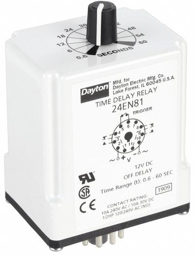 Dayton Single Function Time Delay Relay: Socket Mounted, 12V DC, 10 A, 11 Pins/Terminals - Socket-Mounted Relays