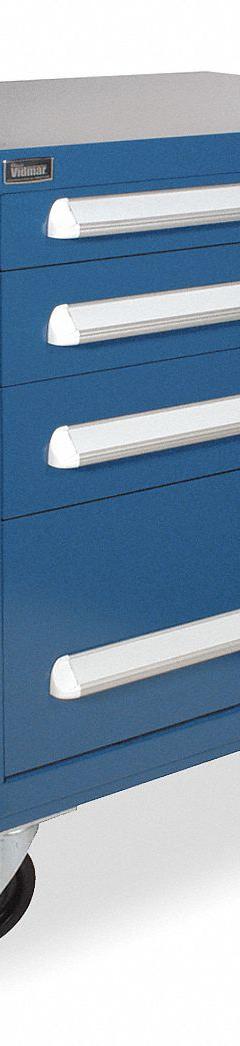 VIDMAR Modular Drawer Cabinet: 30 in x 27 3/4 in x 35 in, 4 Drawers, Pull, Adj Dividers, Casters (MPN RP1421A-MBKABB). Key specifications — Cabinet Color: Bright Blue; Frame Assembled: Assembled; Base Type: Casters; Drawer Inside Height: (1) 4-1/2 in; Drawer HxWxD: (1) 2-1/4 in x 27-1/2 in x 25-1/8 in; Work Surface Material: Steel; Drawer Handle Type: Pull; Cabinet Material: Steel.