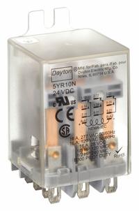 DAYTON Flange Mount Relay: Surface (Side Flange) Mounted, 24V DC, 3PDT, 11 Pins/Terminals (MPN 5YR10). Key specifications — Brand: DAYTON; Mounting Style: Side Flange; Electrical Connection: Plug-In Terminal; Manufacturer Part Number: 5YR10; Series: Dayton.