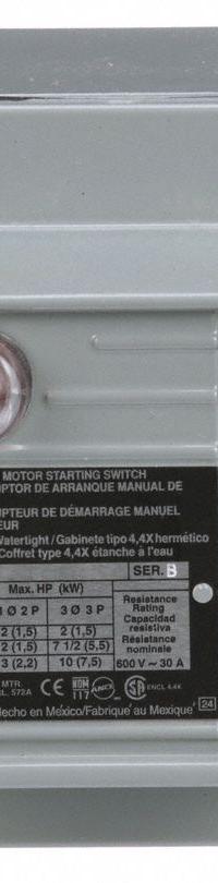 SQUARE D Manual Motor Switch: 2 Poles, 30 A, 4 NEMA Rating, Pilot Light: Red Light (115V AC) (MPN 2510KW1A). Key specifications — Brand: SQUARE D; Maximum Voltage Rating: 230V DC; Mounting Style: Surface; Pilot Light: Red Light (115V AC); Enclosure Material: Painted Steel.