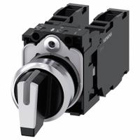 SIEMENS Selector Switch: 22 mm Panel Mounting Size, 3 Positions, Short Lever, 2NO/2NC, Metallic (MPN 3SU1150-2BM60-1LA0). Key specifications — AC Contact Rating: 10 A @ 600 V; Action: Momentary/Momentary/Momentary; Cam: No Cam Included; DC Contact Rating: 1 A @ 600 V; Hazardous Location Specification: Not Rated; Operator Head Material: Plastic; Operator Head Type: Short-Handled Knob; Operator Illumination: Illuminated.