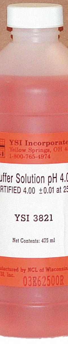 YSI Buffer - pH 4.00 - Color Coded Red: Lab, 4 pt Volume, pH 4, 3821, 6. Key specifications — Brand: YSI; Chemical Grade: Lab; Concentration: pH 4; Manufacturer Part Number: 3821; Product Type: Buffer - pH 4.00 - Color Coded Red.