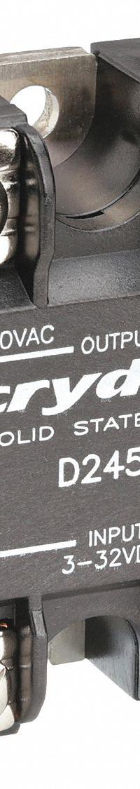CRYDOM Solid State Relay: Surface Mounted, 50 A Max Output Current, SCR, AC Output (MPN D2450). Key specifications — Brand: CRYDOM; Current Type: AC; Electrical Connection: Screw Clamp; Finger Safe: No; Input Current: 12 mA; Maximum Output Current without Heat Sink: Not Recommended; Mounting Style: Panel; Output Voltage: 24 to 280V AC.