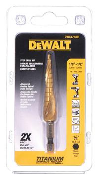 DEWALT Step Drill Bit: 1/8" to 1/2", TiN-Coated HSS, Impact Rated, Quick-Change Hex Shank (MPN DWA1783IR). Key specifications — attr1234936: Impact Rated.